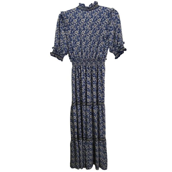 Max Studio Floral Tiered Maxi Dress Blue Yellow Ruffled Ribbon Detail Size S - Picture 2 of 9